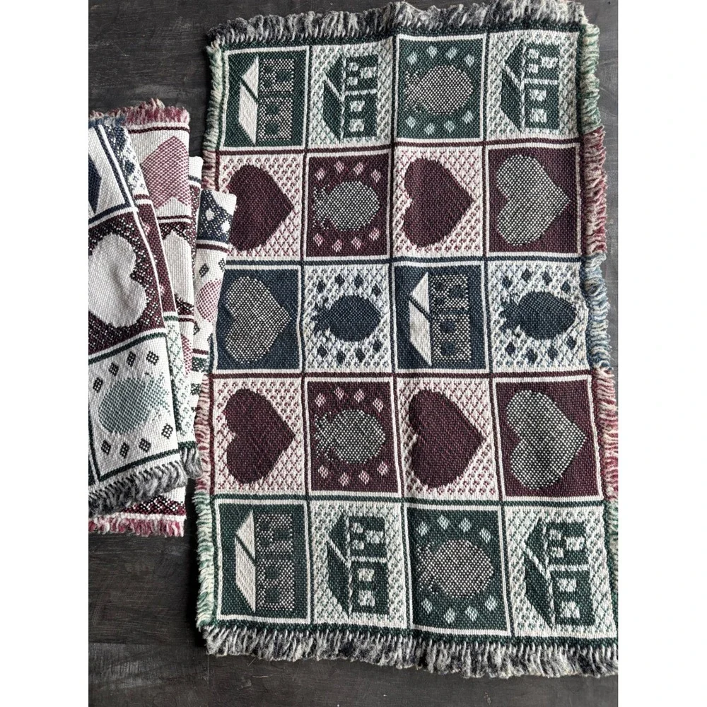 6 Woven Country Farmhouse Placemats Hearts Houses Pineapple Fringe Grannycore